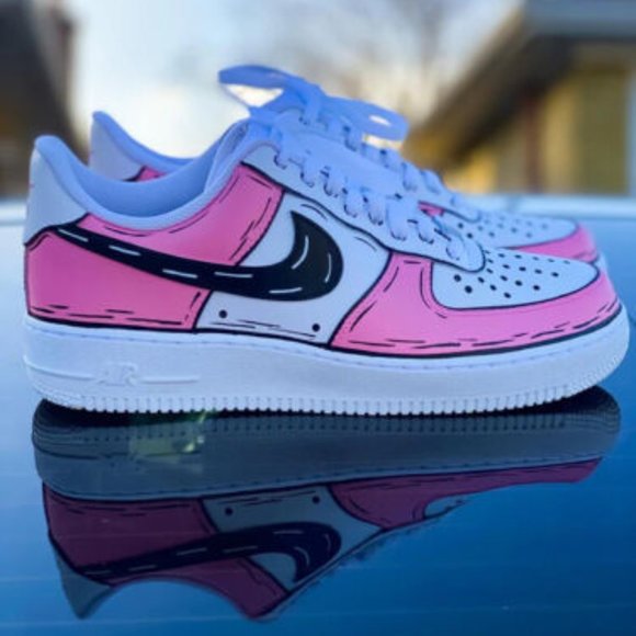 Nike Air Force 1 Custom Low Cartoon Pink Shoes White Black Outline Mens Womens